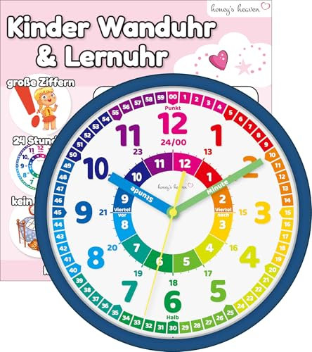 Honey's Heaven Wanduhr für Kinder - Lernuhr zum Lernen der Uhrzeit - analoge Kinderuhr ohne Tick Geräusche, mit lautlosem Uhrwerk - Kinderzimmer Deko für Jungen und Mädchen (dunkelblau)