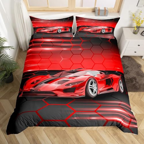Homemissing Rotes Rennauto Bettbezug Set Jungen Mädchen Geschwindigkeit Sportwagen Bettwäsche Set 135x200cm Für Kinder Extreme Sport Beleuchtung Waben Thema Bettwäsche Betten Set Raum Dekor