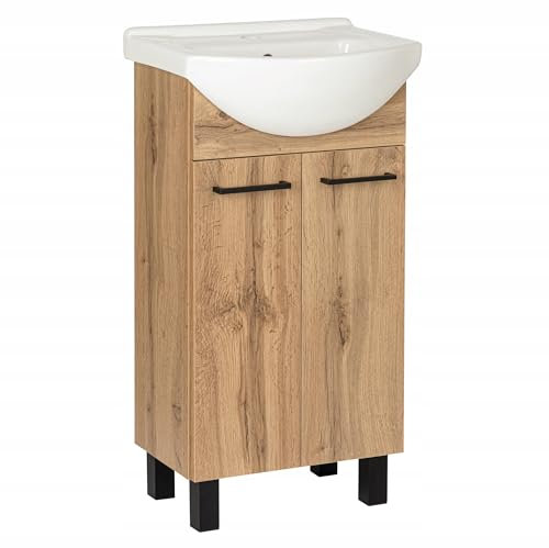 VBChome Badezimmer Unterschrank mit Waschbecken 45 cm stehend Eiche Wotan Loft Stil Keramik Aufsatzwaschbecken Waschtischunterschrank Matte Oberfläche Schwarze Griffe verstellbare Füße modern