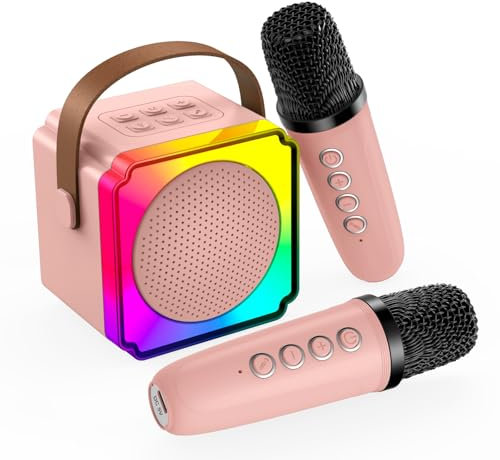 Karaoke para Infantil por MMOBIEL - Karaoke Bluetooth - Altavoz Portátil, 2 Microfonos Inalambricos, Luz LED, Efectos de Voz - Canta, Música Fiesta - Regalo para Niña, Niños, Infantil 3+ Años – Rosa