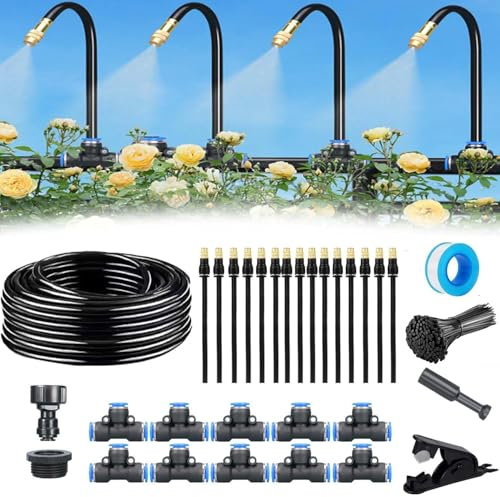 Automatisches Gartenbewässerungssystem, Bewässerungssystem Garten, 8mm Schlauch Nebelbewässerungskit, 360° Verstellbare Kupferdüse, für Gewächshaus, Garten und Rasen (49.2Ft)