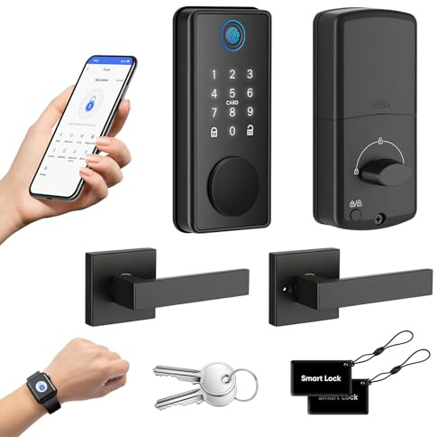 MYPIN Smart Door Lock with Biometric Fingerprint & Touchscreen Keypad & Lever, 6-in-1 Unlock, One-Touch Lock/Unlock, Auto Door Swing Detection Compatible with Apple Watch for Front Door