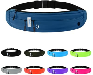 WATERFLY Laufgürtel für Handy Gürteltasche Joggen Lauf Flache Bauchtasche | Hochelastisches Gewebe, Wasserabweisend, 3 Separate Fächer, mit Kopfhöreranschluss, für Die Meisten Smartphones Geeignet
