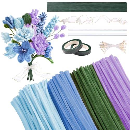 Kesote Pfeifenreiniger Blumen Set, 200x Pfeifenputzer zum Basteln Blau Lila | 4 Farbe Pipe Cleaner, mit Blumendraht, DIY Blumenstrauß Tulip Flower, Bastelset Weihnachten Geschenk Dekoration