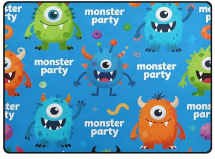 Teppich mit blauem Hintergrund, Monster-Party-Muster, rutschfeste Gummi-Unterseite, Bodenmatte, Teppich für Wohnzimmer, Schlafzimmer, Esszimmer