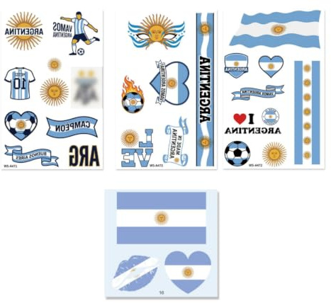 BCHMN Argentinien Flagge Tattoo Set - 12 Blatt Fanartikel Argentinien Fußball Temporäre Tattoos für Gesicht & Körper - 4 Designs Argentinien Aufkleber für Fußballfans WM EM Party Zubehör