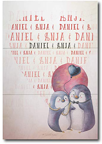 Sunnywall Auswahl Pinguin Holzbild Name & Name personalisiert Geschenk Namen Holzschild, 28,5 x 20 cm aufhängen o. hinstellen Valentinstag Liebe Hochzeit Dankeschön Wandbild
