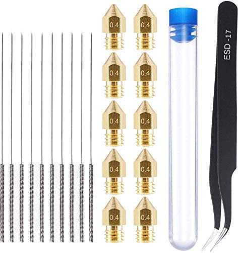 HAWKUNG 26 Pcs Brass Nozzle Cleaning Kit, 10 Pcs 0.4mm MK8 Nozzle + 15 Pcs Cleaning Needle (0.35 mm x 10 + 0.4 mm x 5) + 1 Pcs Wrench for 3D Printer