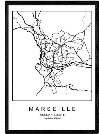 Carte nacique de la ville Marseille Nordic Style en noir et blanc. Affiche A3 Taille encadrée avec du papier noir imprimé 250 gr. Photos, draps et affiches pour salon et chambre à coucher