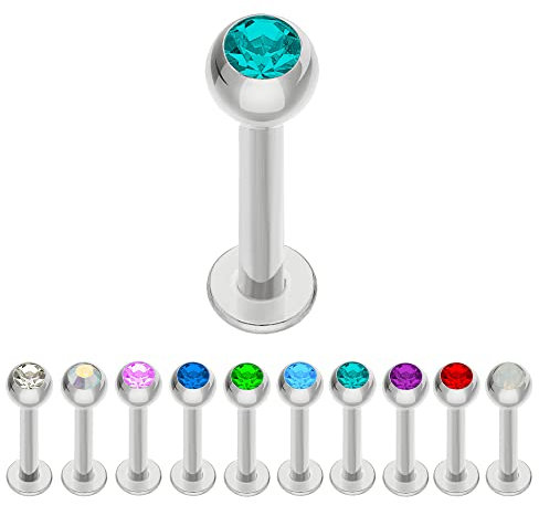 Treuheld® | Silberne LABRET PIERCING mit KRISTALL aus Stahl - [57.] 1.0 x 10 mm (Kugel: 3mm) - petrol