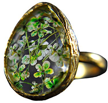 Echte Blüten Ring - Grün - Tropfenform - Vergoldet - Messing - Größenverstellbar - Tolle Geschenkidee - Geburtstagsgeschenk - Handgemacht
