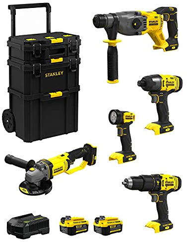STANLEY FatMax Kit SVK501 (SFMCH900 + SFMCG400 + SFMCD711 + SFMCF800 + SFMCL020 + 2 Batterien 4,0 Ah + Ladegerät + Caddy 3in1)