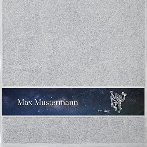 Handtuch mit Namen - personalisiert - Motiv Sternzeichen Zwillinge - viele Farben & Motive - Dusch-Handtuch - hellgrau - Größe 50x100 cm - persönliches Geschenk mit Wunsch-Motiv und Wunsch-Name