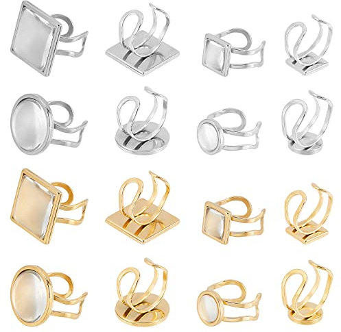 DICOSMETIC 8 Sets 2 Stile 2 Farben Flaches Rundes Tablett Manschettenfingerringe Edelstahl Manschettenpolster Cabochon Ringfassungen Mit Transparenten Glascabochons Für DIY, US Size 7 1/4~US Size 8