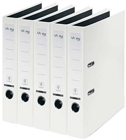 VON Leitz 5er Pack Ordner A4, Karton mit Kunststoffeinband, 50 mm Rückenbreite, Für 350 Blatt, FSC-zertifizierter Karton, Für Schule, Studium & Haushalt, Weiß, 10561001