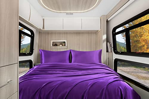 Homiest 4-teiliges RV-Satin-Bettwäsche-Set für Queen-Size-Betten, luxuriöses seidiges Satin-Bettwäsche-Set mit 25.4 cm tiefer Tasche, Camper-Queen-Bettlaken, kurze Queen, lila)