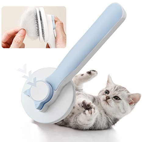 FuninCrea Dog Grooming Brush, Self Cleaning Slicker With Smooth Handle for Long & Short Hair, Stainless Steel Bristles Pet Hair Remover for Massage (Blue)