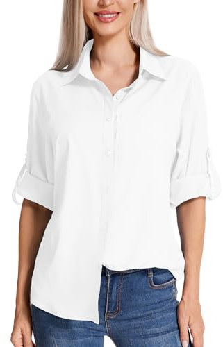 Camisas de senderismo con protección solar para mujer, de manga larga, ligeras, de secado rápido, ropa de safari para viajes, pesca, camisa cargo, 5019# Blanco, S