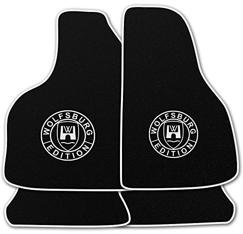 AUTOTEPPICH-Stylers NF100 Schwarze Fußmatten passend für VW Polo 5 6R 6C 2009-2017 mit Logo Wolfsburg Edition WOB und Rand in Weiss