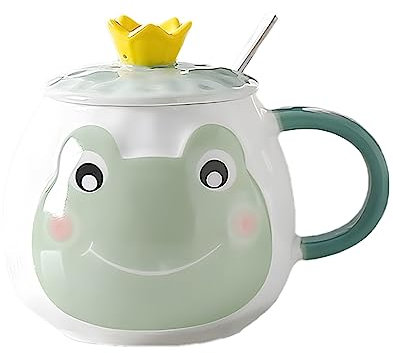 Xfeyaqlo Tasse Froschmotiv, Becher Frosch, Kaffeetasse mit Deckel und Löffel, Schönes Frisches und Schlichtes Froschdesign mit Kronendeckel, Keramik, 400ml (Hellgrün)