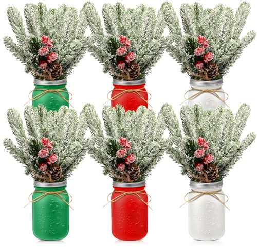 Tioncy 6 Set Artificial Christmas Centerpiece Decorations Mason Jar with Lids Small Mason Jars with Faux Snowflakes Pine Needles Red Berry Pine Hemp Rope for Christmas Farmhouse Wedding Decoration
