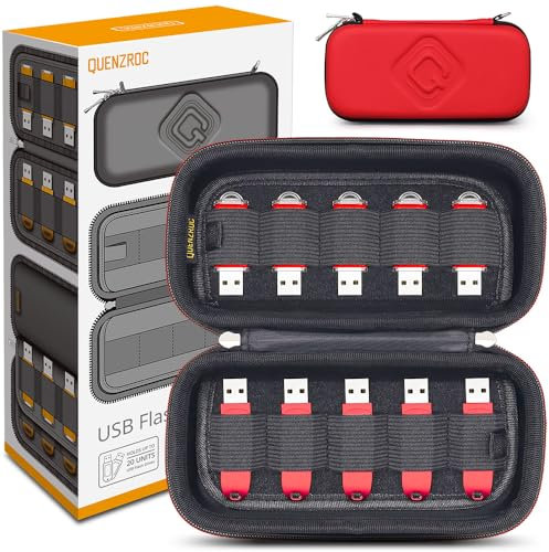 QUENZROC USB Drive Case Organiser Fits 20 Flash Thumb Drives USB Sticks Holder Hard Storage Case Portable Box Travel Carrying Pouch Red