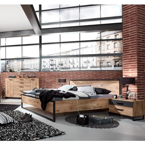 Lomadox Schlafzimmer Set 4-TLG. mit Bett 160x200, 2 Nachttische, Kommode in Eiche mit Stahl Nb., Industrial Design