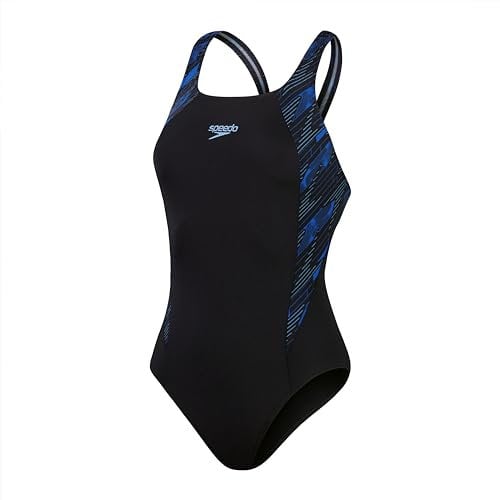 Speedo Damen Hyperboom Splice Muscleback Swimsuit | Classic Design | Quick Drying | Training | Fitness | Chlorine Resistant Badeanzug, Schwarz/True Cobalt/Curious Blue, 66