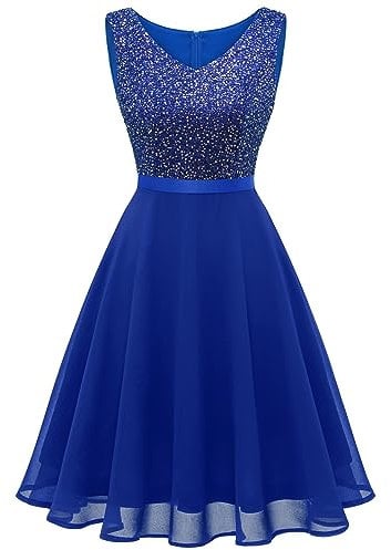 Dressystar Damen Gliter Pailletten Cocktailkleid Knielang V Ausschnitt Abschlussball A-Linien Hochzeit Gast Kleid Royalblau L