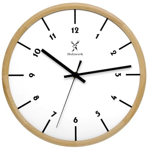 Holzwerk Natural Wood Radio-Controlled Wall Clock Wooden Clock Vintage Silent Movement without Ticking Noises Beech White Silent Scandinavian Design Made of Handmade Solid Wood 32 cm