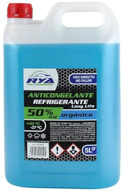 RYA - Anticongelante Coche G12 - Liquido Refrigerante Coche - Anticongelante G12 50% Orgánico +145º/ -37º - Líquido Refrigerante para Vehículos Fórmula Orgánica Long Life (Azul 50%) - 5L