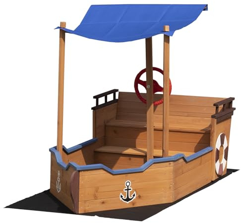 Kinder Piratenboot Holz Sandkasten Holz Piraten Sandkasten mit Baldachin Bank Sitzbank Aufbewahrung Vliesstoff Tuch für Hinterhof Haus Rasen Garten