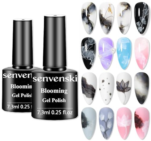 Senvenski Blooming Watercolor Nageldesing Tinte Gel Nagellack Schwarz Weiß Ausbreitung Marmor Floral Drucken Gift Set Kit Nagellack (YR2-002)