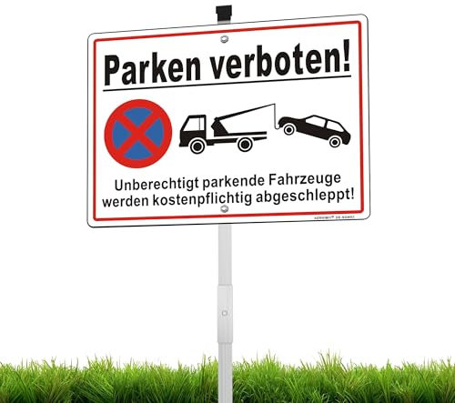 XL Schild Parken Verboten Aluminium Reflektierend 25×35cm mit 70cm Pfosten und Zubehör, UV-beständig, Wasserfest, Rostfrei, mit Bohrlöcher, Weiß