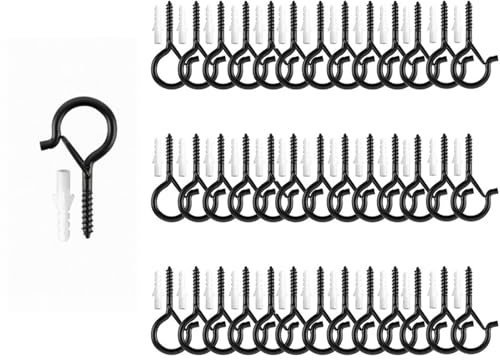 AOCGDDS 40 Pcs Screw Christmas Light Hooks for Outdoor String Lights,Q-Hanger Screw Hooks for Wind Chime, Plants, Bird Feeder, Party Decor Hanging, Easy Release.(Black)