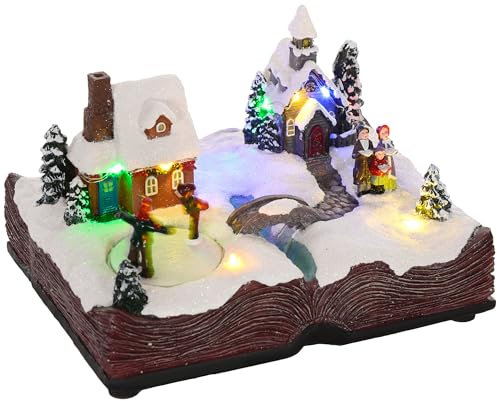 HOMCOM Pueblo Navideño con Base de Biblia Abierta Escena Navideña con Luces LED Música y Patinadores Giratorios Decoración de Navidad 23x18x15 cm Multicolor