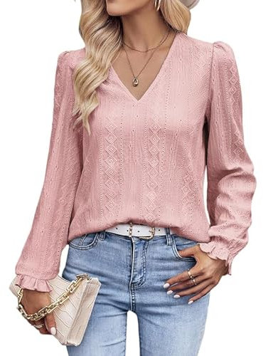 OUSIMEN Camicette da donna a maniche lunghe con scollo a V sciolto tinta unita casual top da donna camicie eleganti, rosa, L