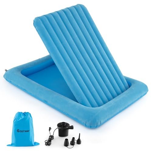 COSTWAY Colchón Inflable de Viaje para Niños, Colchón Portátil con Bomba Eléctrica, Cama Hinchable con Bordes Elevados y Colchón de Doble Cara para Habitación Infantil, Dormitorio (Celeste)
