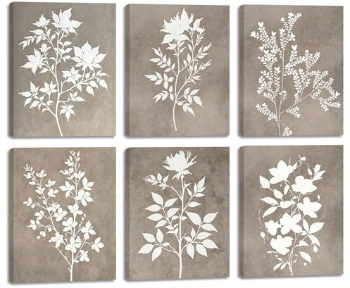 CHDITB 6 Stück Pflanzen Blätter Wandkunst,Boho Abstrakte Botanische Wandbilder,Braun Vintage Blätter Leinwandbild,Schlafzimmer Wanddeko Blumen,Wildblumen Poster Schlafzimmer Badezimmer Deko,25x20cm