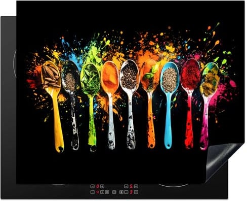 KitchenYeah© Protege Plaque Induction Decoration Cuisine Tapis de | 65x52 cm - Protection Pour Plan De Travail Cuisson Protégé Cuillères - Épices - Modern - Graffiti - Coloré