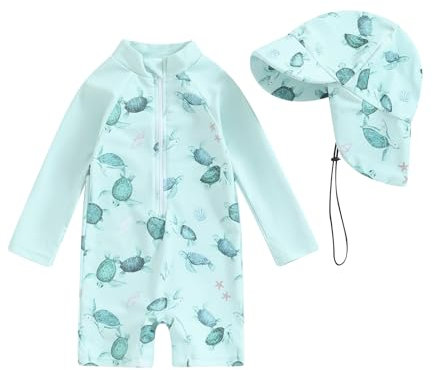 Loalirando Maillot de Bain Enfant Bébé Garçon de 2 Pièces Anti-UV, Combinaison Zippé à Manches Longues Imprimé + Chapeau à Large Bord (Vert Clair, 3-6 Months)