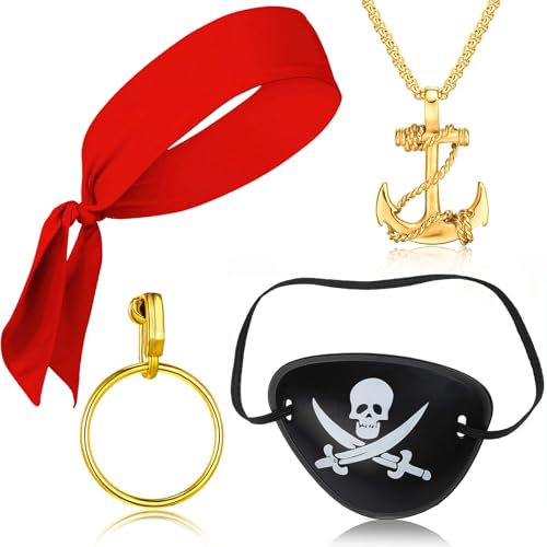Piraten Accessoires Damen Kinder, 4Pcs Piratenkostüm Damen Accessoires mit Augenklappe Pirat, Bandana Pirat Rot Piratentuch, Piraten Ohrringe, Halskette Pirat für Halloween Fasching Kostüm Zubehör