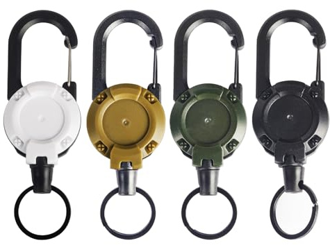 AMONENZ 4 Pièces Porte Clef Retractable, Anti-Perte Porte Badge Enrouleur, Créatif Attache Porte Clé, avec Câble en Acier de 64 cm, 4 Couleurs, pour Pêche, Voyages