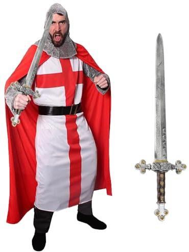 I LOVE FANCY DRESS Herren St. George's Knight Kostüm mit falschem Kunststoffschwert – King Arthur Excalibur Fußball Six Nations Rugby – Größe L