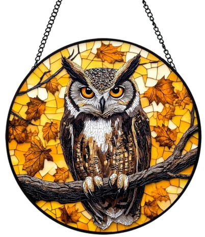 Xuoxeji Owl Stained Glass Window Ornament, 20cm/7.87in Owl Suncatchers Owl Ornaments, Owl Gifts for Owl Lovers for Women
