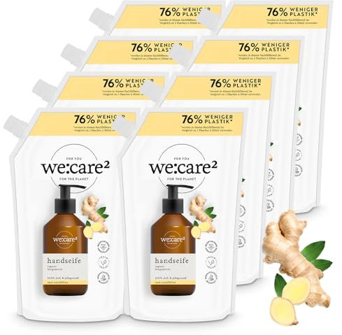 we:care² 8x Handseife Nachfüllbeutel 500ml Ingwer/Bergamotte - Nachhaltige & vegane Flüssigseife ohne Silikone, Parabene & Mikroplastik - Seife Nachfüllbeutel - Flüssigseife Nachfüllbeutel
