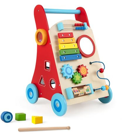 DREAMADE Lauflernwagen Holz, Lauflernhilfe ab 1 Jahr, Baby Gehhilfe mit Spiegel & Spielzeug, Gehfrei Baby Holzspielzeug für Jungen & Mädchen (Modell 8-Rot)