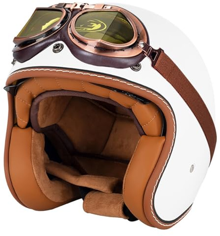 EBAYIN Retro Casque Demi Jet, Casque Jet Vintage, Casque Moto Scooter, Casque Bol Homologué ECE Casque De Protection for Hommes Et Femmes, Casque De Cyclomoteur avec Lunettes(I,S=(55~56cm))