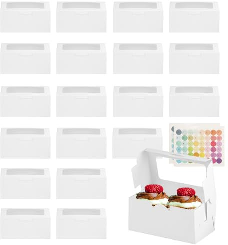 20 STK 2 Löcher Cupcake Boxen, Muffin TransportboxWeiße Cupcake Transportbox Karton mit Sichtfenster, Kuchen Transportbox Pappe für Bäckerei Keks Macarons Box Keksbox, mit 2 Bogen Aufklebern