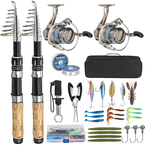 Angelruten-Set, 2 Stück, 2,1 m, Teleskop-Angelrute und Rolle, Kombi, Angelsets für Erwachsene mit Spinnrolle, Angelzange, Schnur, Köder-Set, Tragetasche, Lippengreifer